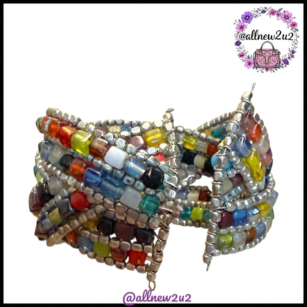 Handmade Boho Multicolor Beaded Cuff Bracelet - Picture 5 of 11